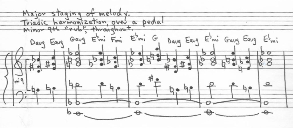 A major staging of the "They Will Know We Are Christians By Our Love," with a triadic harmonization over a pedal, and a minor 9th "rub" throughout.