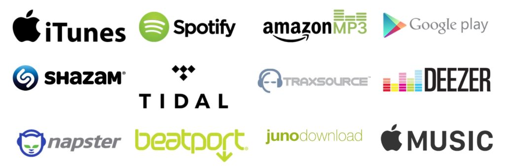 This is an image of the digital logos for the various online music platforms for streaming and downloading music.